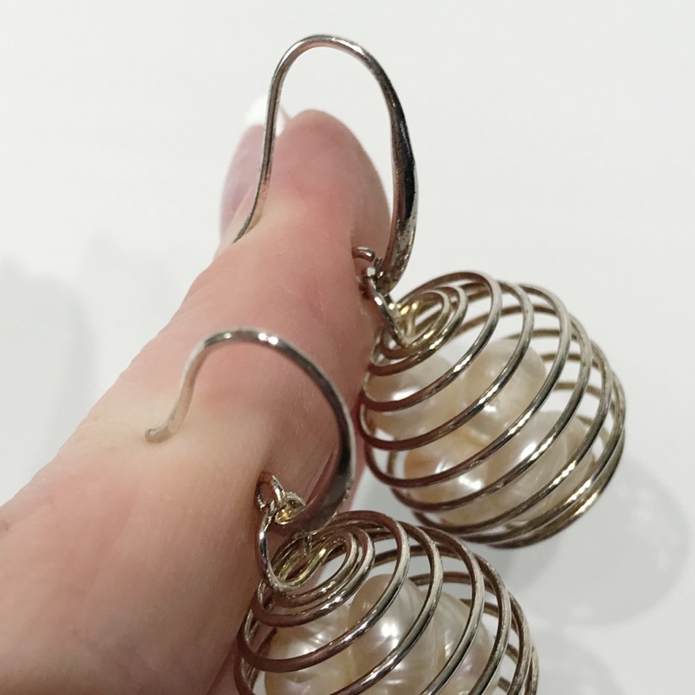 Vintage Sterling Silver 925 Wire Cage 6 Baroque Pearl Egg Basket Drop Earrings - Picture 10 of 16